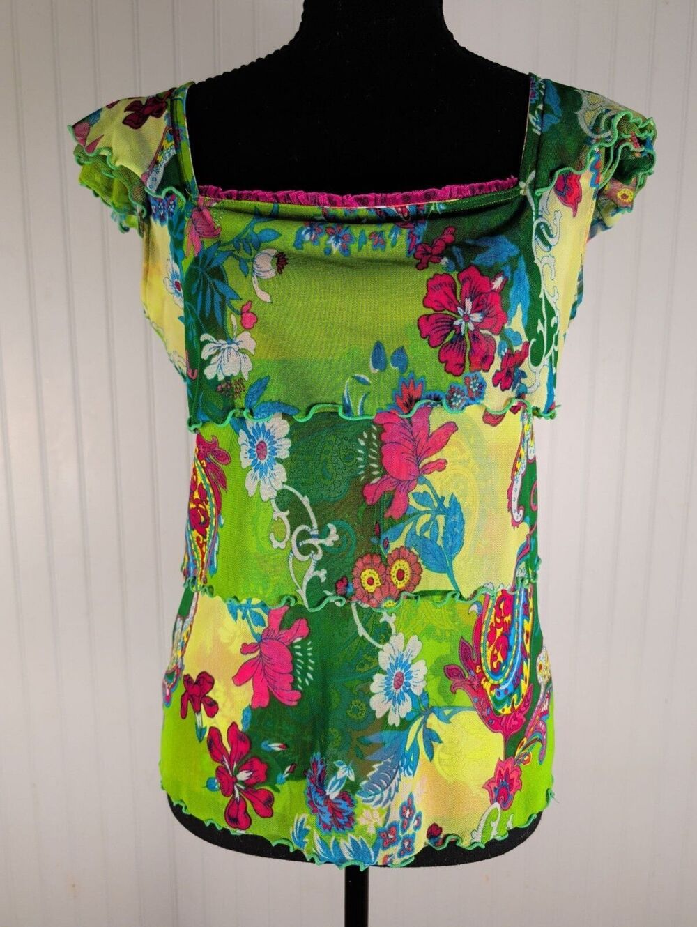 Vtg Y2K ANAC by Kimmy Lime Green Psychedelic Floral Paisley Mesh Panel Top M